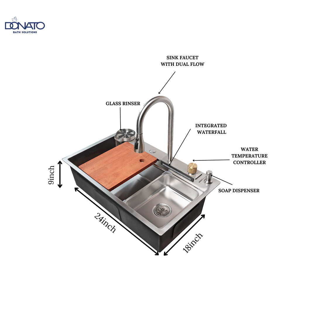 DONATO WATERFALL KITCHEN SINK 24" X18" 304GRADE STEEL WITH 304 GRADE ACCESSORIES HEAVY DUTY BLACK STAINLESS STEEL FINISH