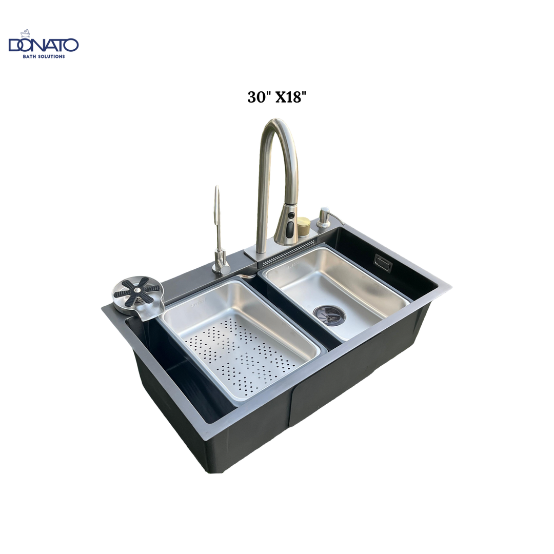 DONATO WATERFALL KITCHEN SINK BLACK 30" X 18" 304GRADE STEEL WITH 304 GRADE ACCESSORIES HEAVY DUTY (Copy)