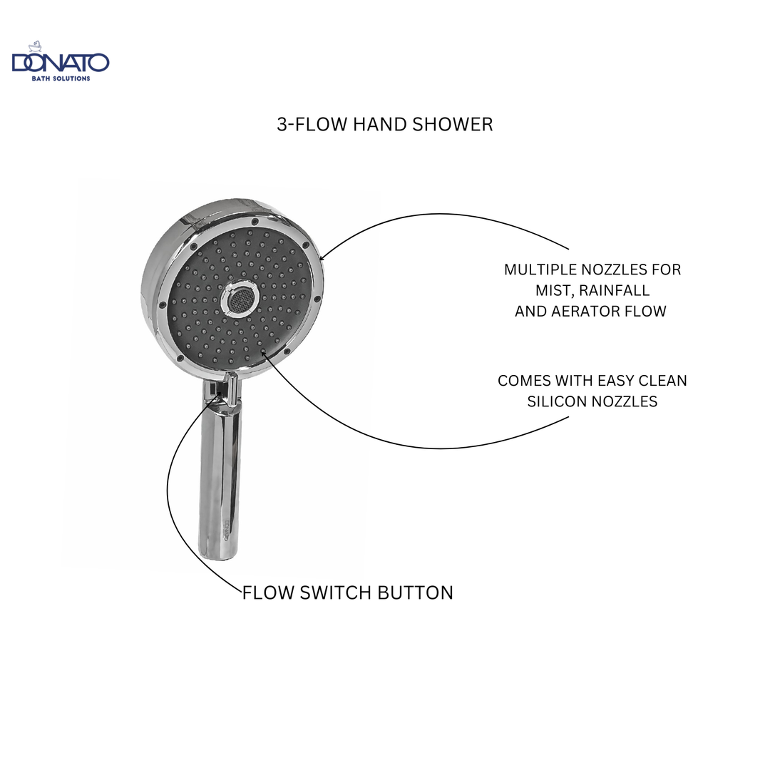 3 FLOW HAND SHOWER WITH 1.5 MTRS. SHOWER TUBE AND SHOWER HOOK