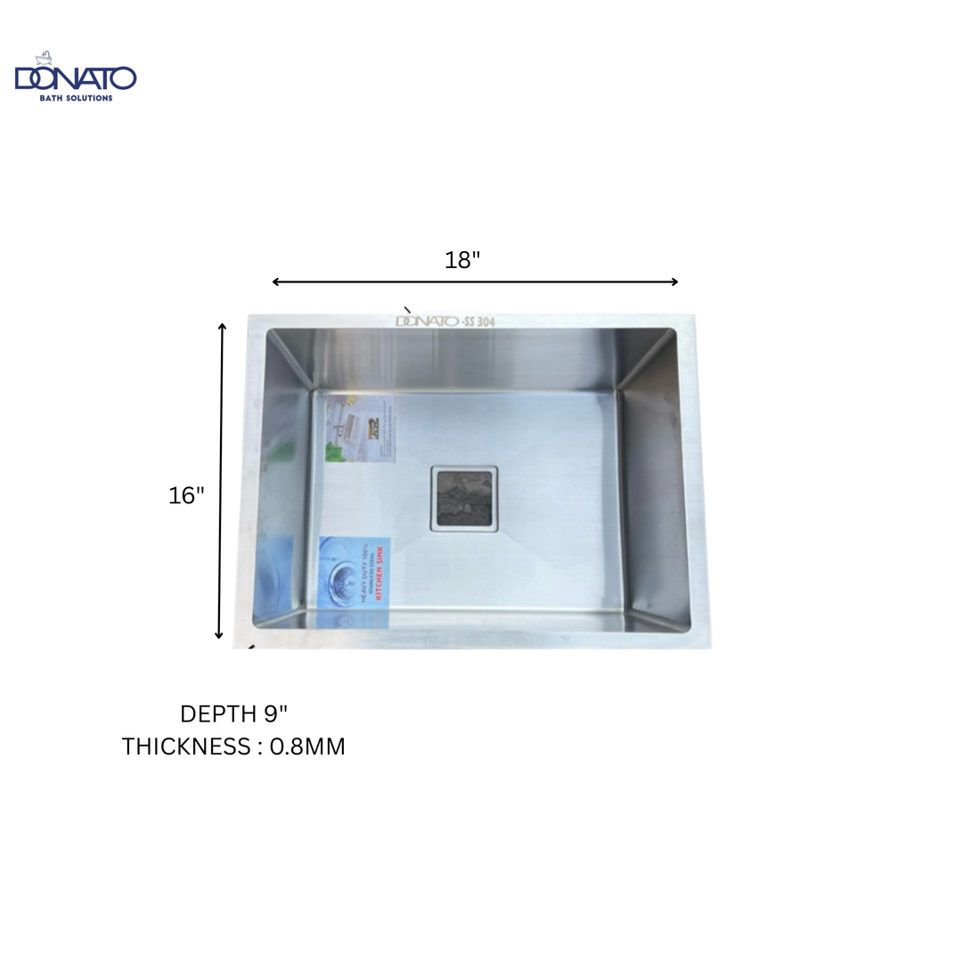 DONATO 16" X 18 " HANDMADE KITCHEN SINK 304 GRADE 0.8MM MADE IN INDIA