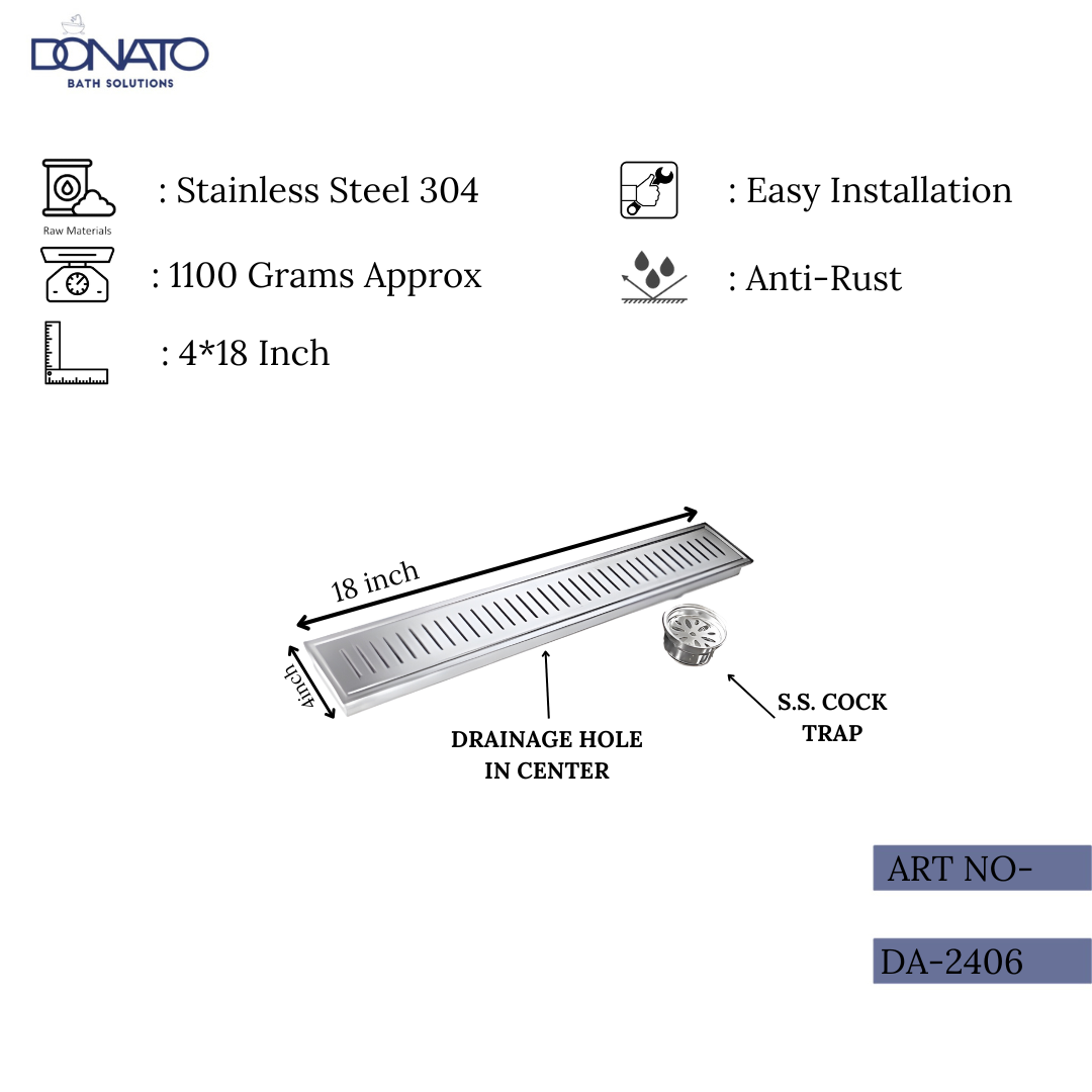 DONATO SHOWER DRAINER 4" X 18" CENTER HOLE WITH S.S. 304 GRADE COCKROACH TRAP