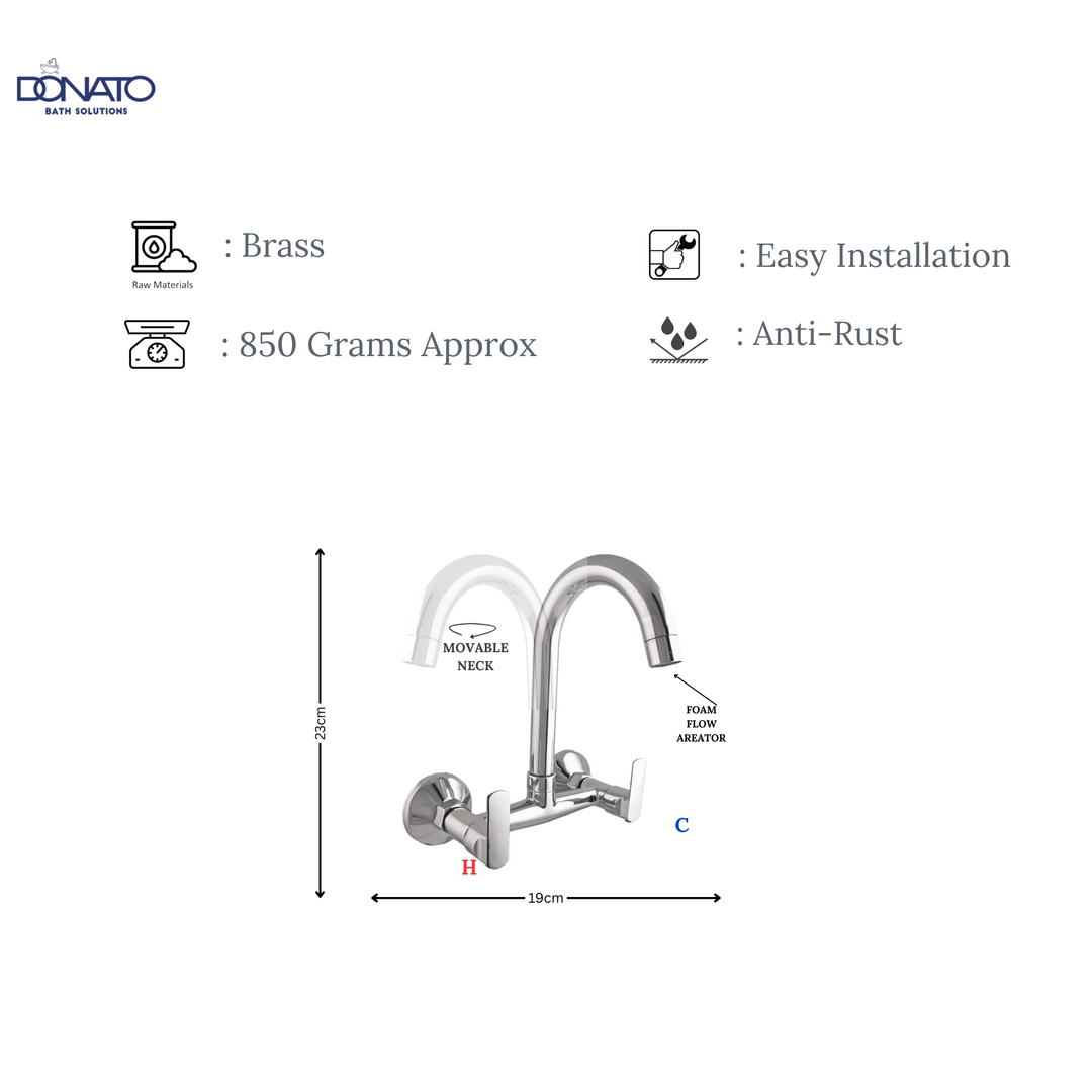 DONATO BRASS SINK MIXER WALL MOUNTED -SLEEK