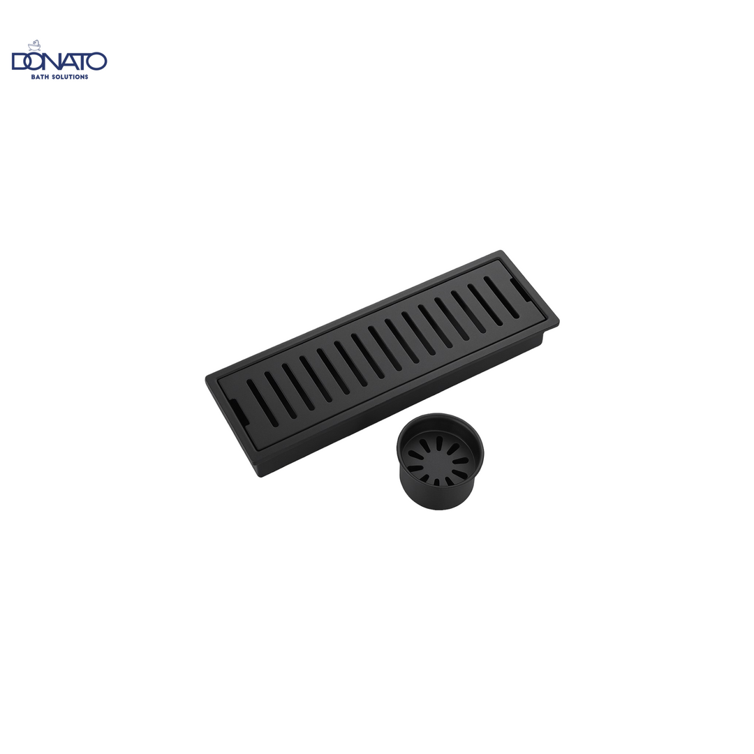 DONATO SHOWER DRAINER 4" X 24" SIDE HOLE BLACK WITH S.S. 304 GRADE COCKROACH TRAP