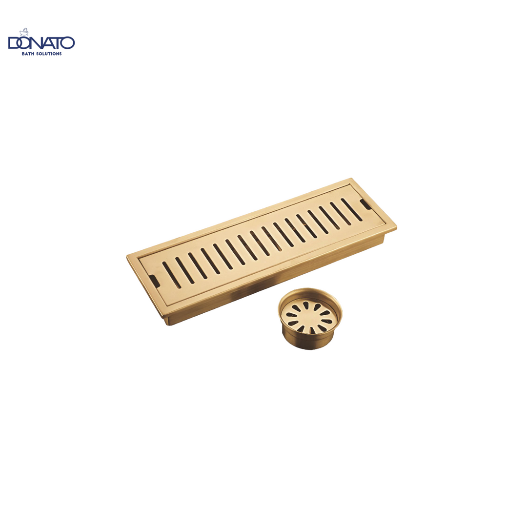 DONATO SHOWER DRAINER 4" X 24" SIDE HOLE GOLD WITH S.S. 304 GRADE COCKROACH TRAP