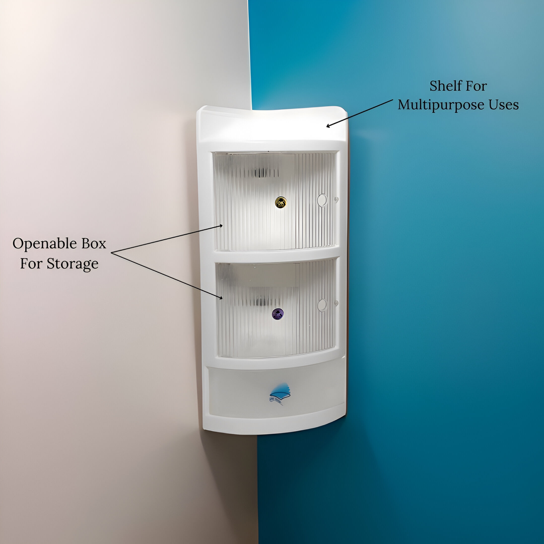 Easy-to-install acrylic corner shelf for organization with openable box storage