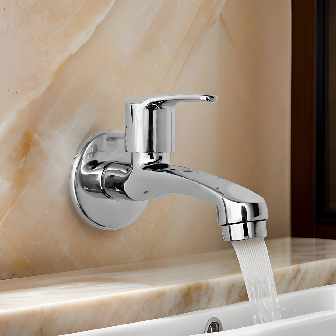 Reliable bib cock with a polished finish, for both hot and cold water supply lines.