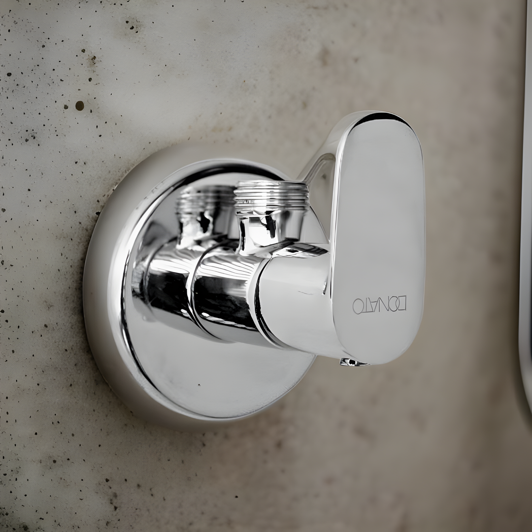 Easy-to-install angle valve with a polished finish, designed for hot and cold water.