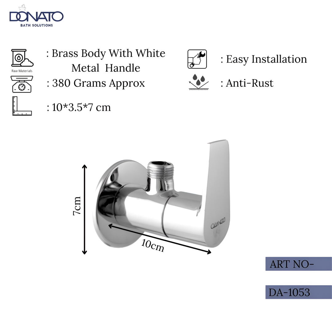Brass angle valve with a chrome finish for plumbing applications. weight 380 grams and height 10 cm