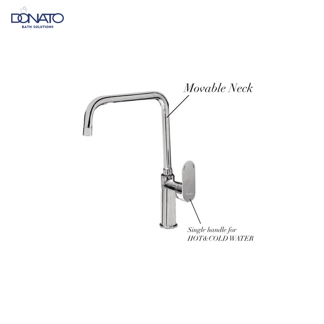 Sleek single lever sink mixer, table mounted in polished chrome finish with movable neck and single handle for hot and cold water