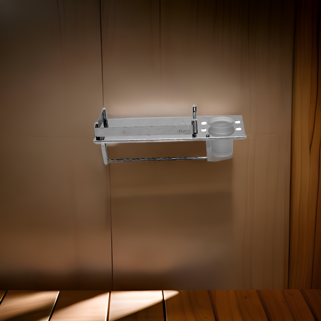 Modern multipurpose shelf featuring a combination of open storage for brush holding, shelf, robe hook