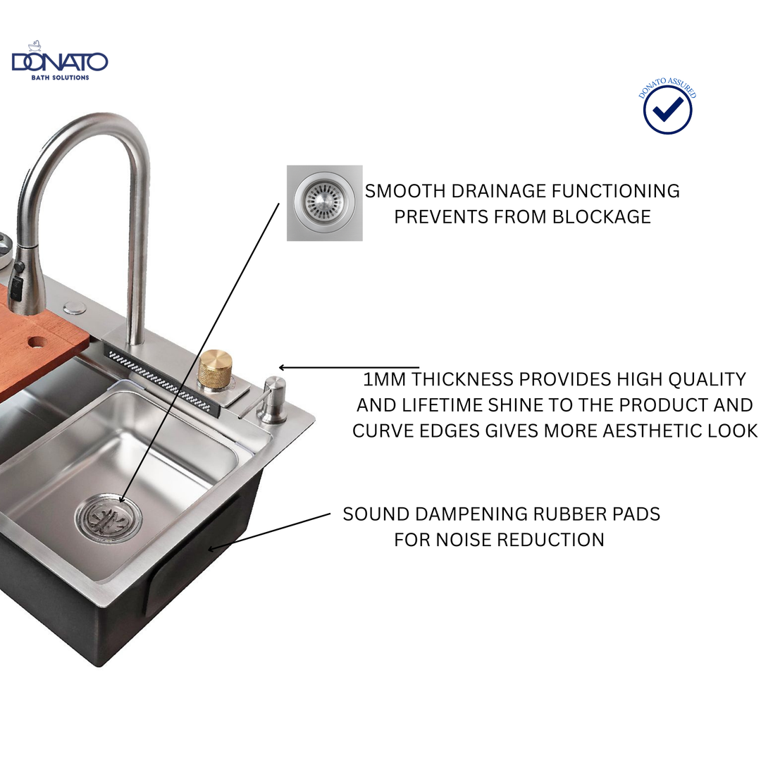 DONATO WATERFALL KITCHEN SINK 30" X 18"  304GRADE STEEL WITH 304 GRADE ACCESSORIES HEAVY DUTY