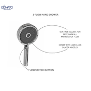 3 FLOW HAND SHOWER WITH 1.5 MTRS. SHOWER TUBE AND SHOWER HOOK