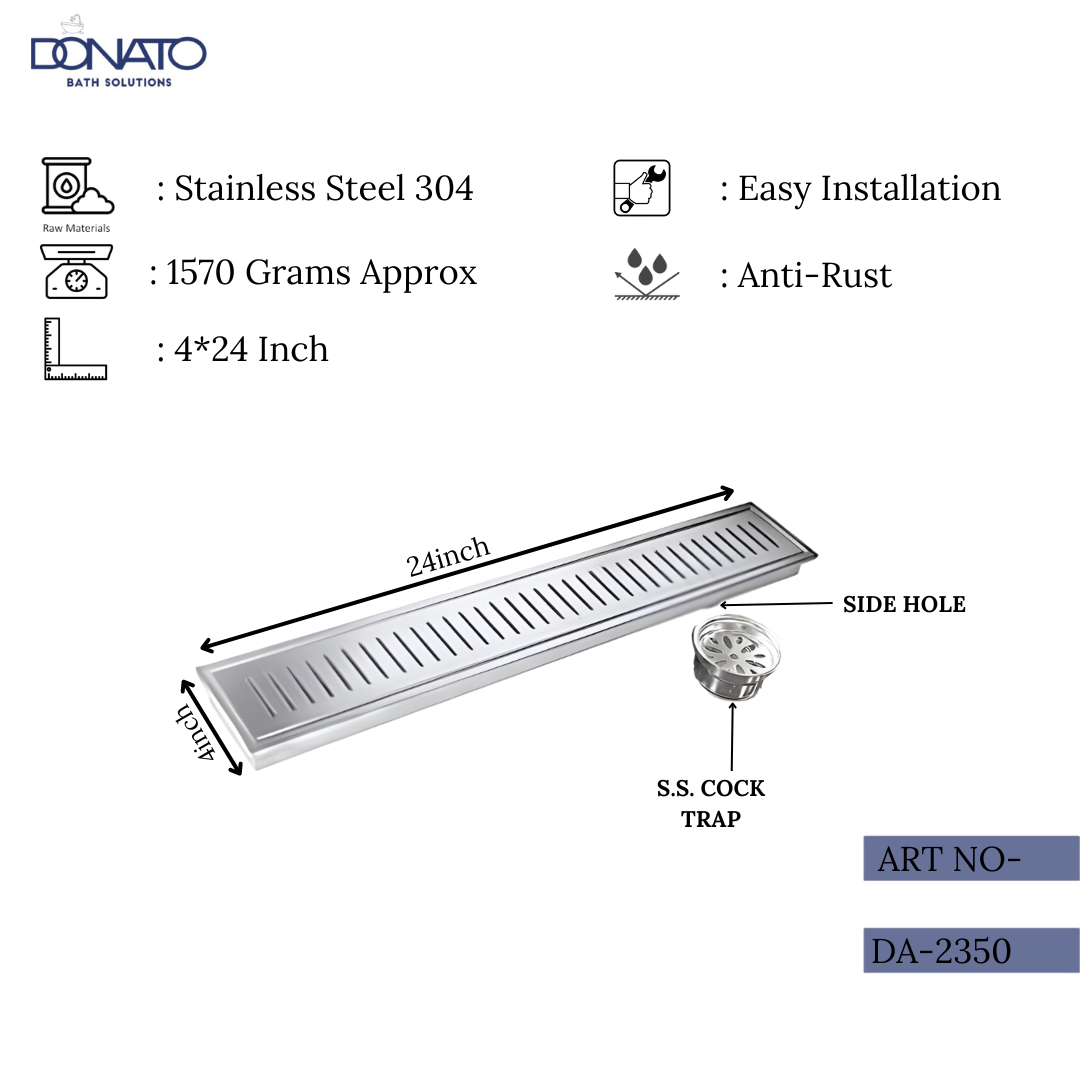 SHOWER DRAINER SIDE HOLE WITH SS 304 COCKROACH TRAP 4'x24"