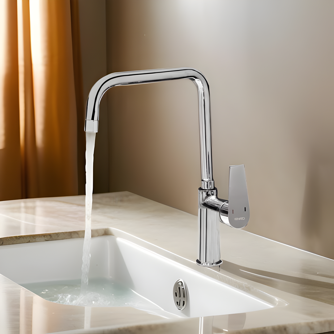 Durable table mounted single lever sink mixer with a high-arc spout for enhanced water flow and accessibility.