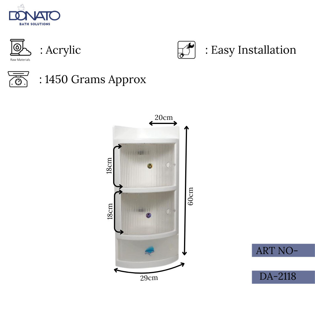 Clear acrylic corner shelf displaying bath accessories in a modern bathroom setting