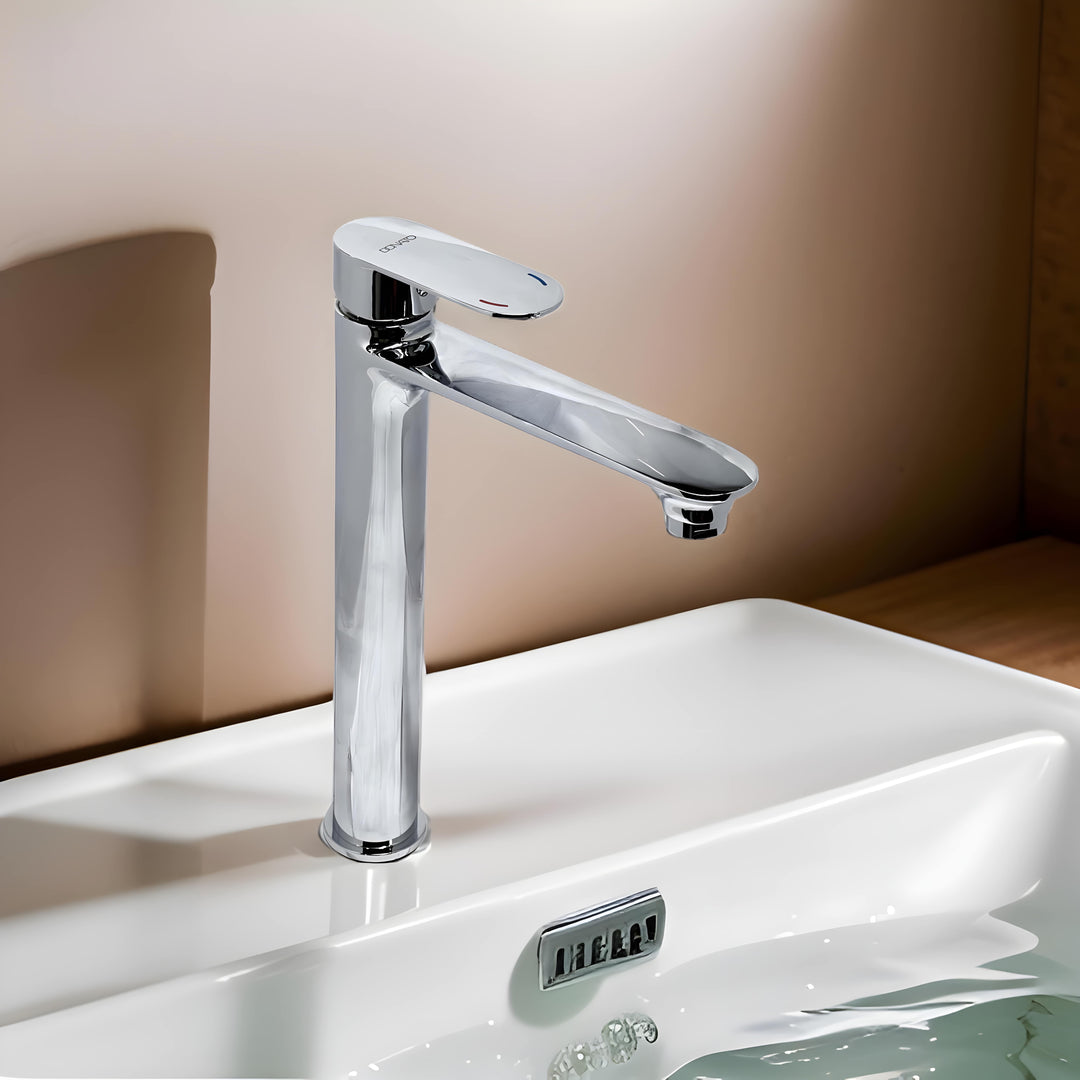 Contemporary extended single lever basin mixer featuring a ceramic cartridge for smooth operation