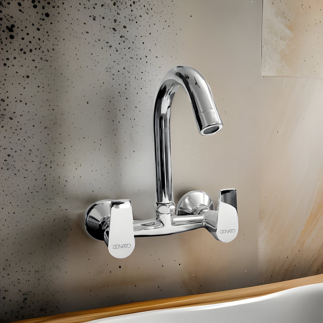 Durable wall-mounted sink mixer featuring a high-arc spout for enhanced water flow and accessibility.