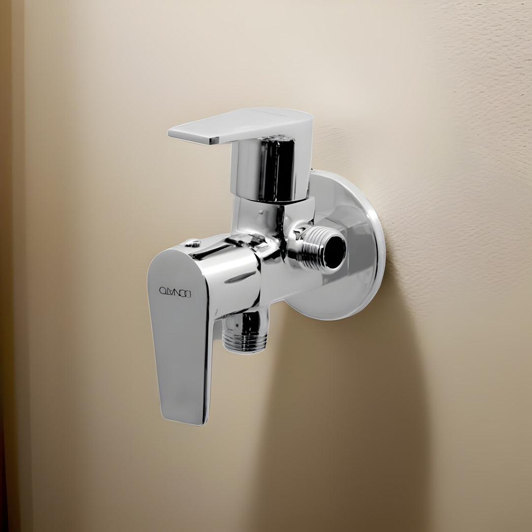 Contemporary two-way angle valve featuring a sleek design, ideal for modern bathroom and kitchen installations.