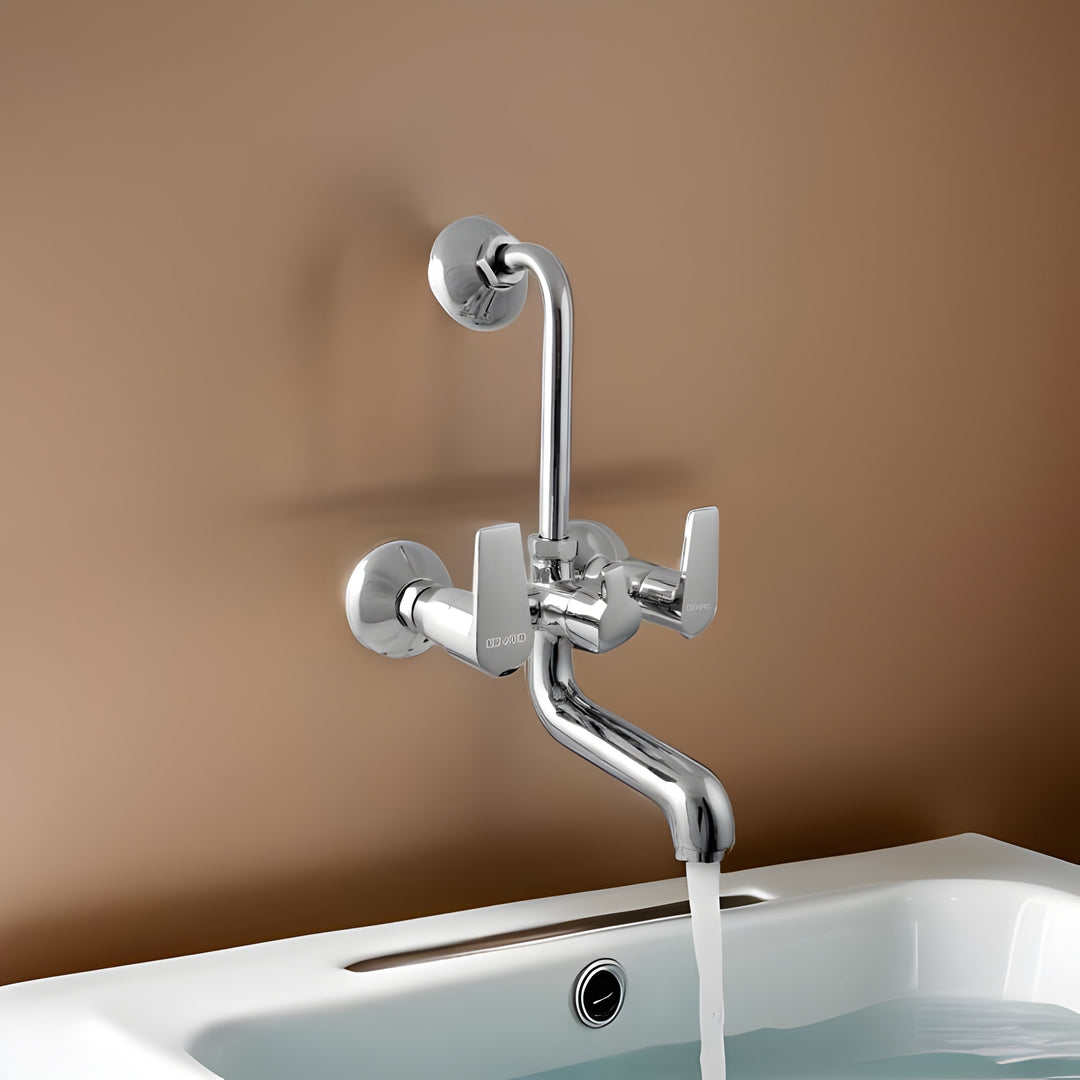 Sleek wall mixer L-blend faucet in polished chrome finish, perfect for modern bathroom and kitchen installations.