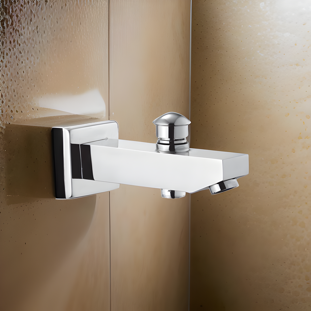 Sleek button spout faucet in polished chrome finish, designed for modern kitchen and bathroom sinks.