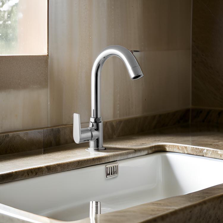 Elegant swan neck faucet in polished chrome finish, perfect for modern kitchen and bathroom sinks.