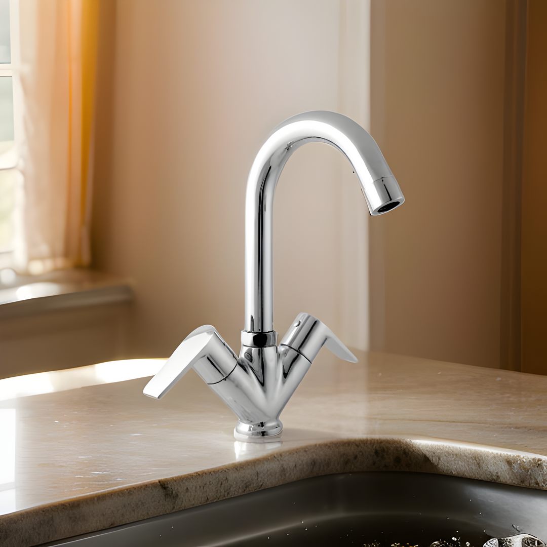 Single-handle faucet with a sleek design and a high-arc spout for easy filling of pots.