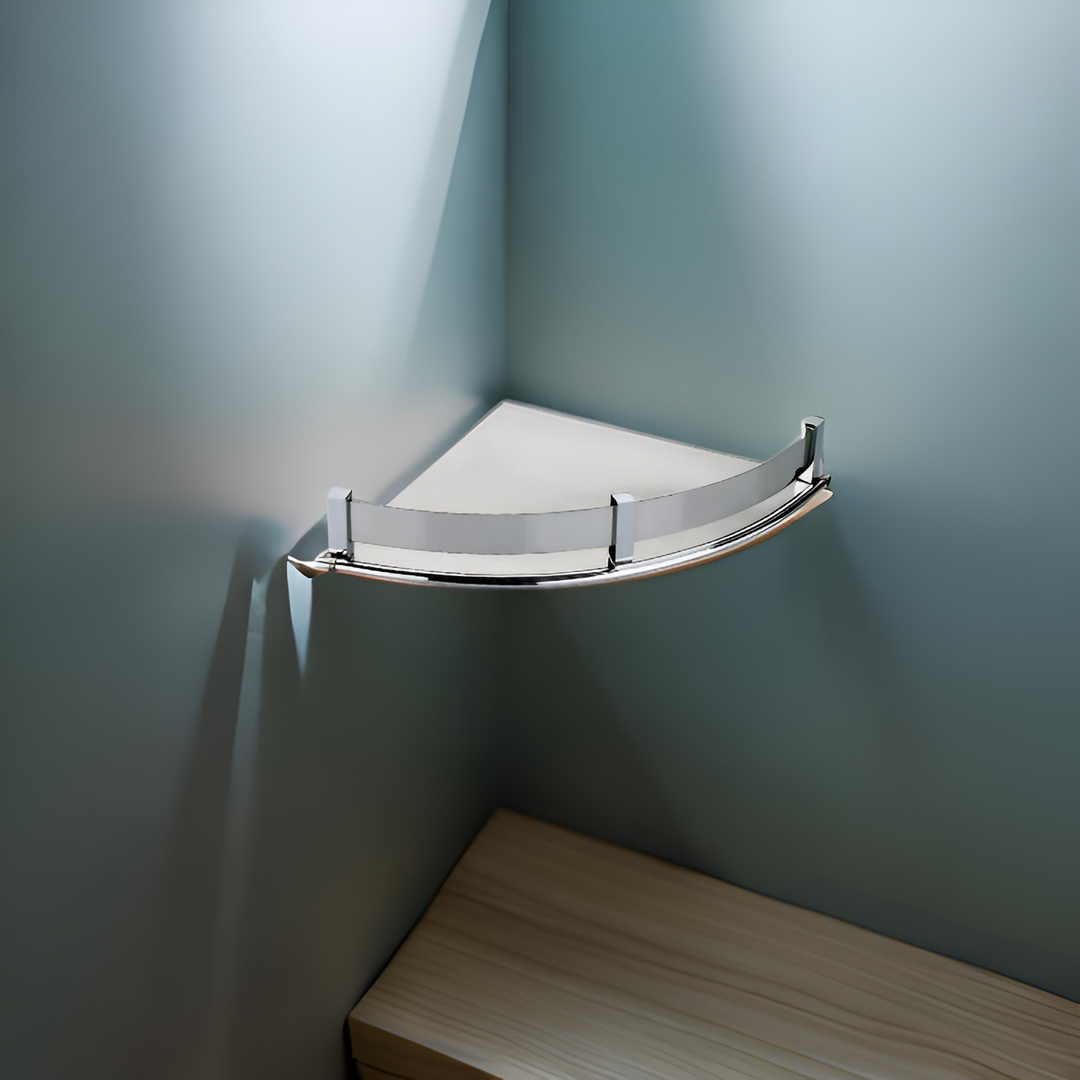 Sleek stainless steel corner shelf holding bath accessories like shampoo and soap ai img