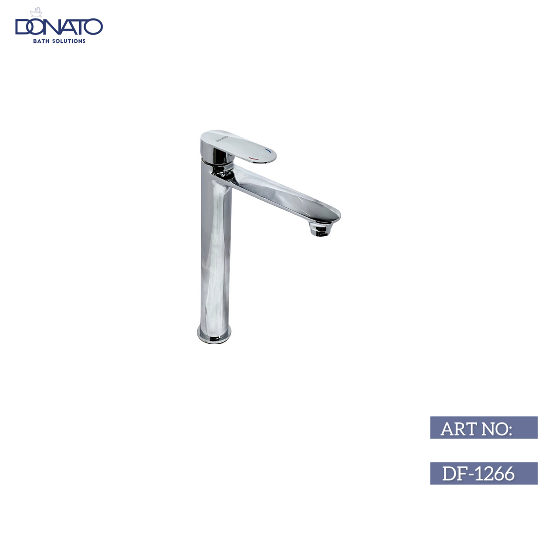 Elegant extended single lever basin mixer designed for easy temperature control in washbasins.