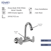 High-quality wall-mounted sink mixer with a brass body and ceramic cartridge with 1005 grams of weight.