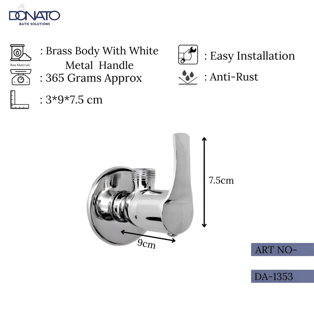 diana angle valve i.e easy to install, anti rust and is made of brass with 365 grams weight approx and height of 7.5cm