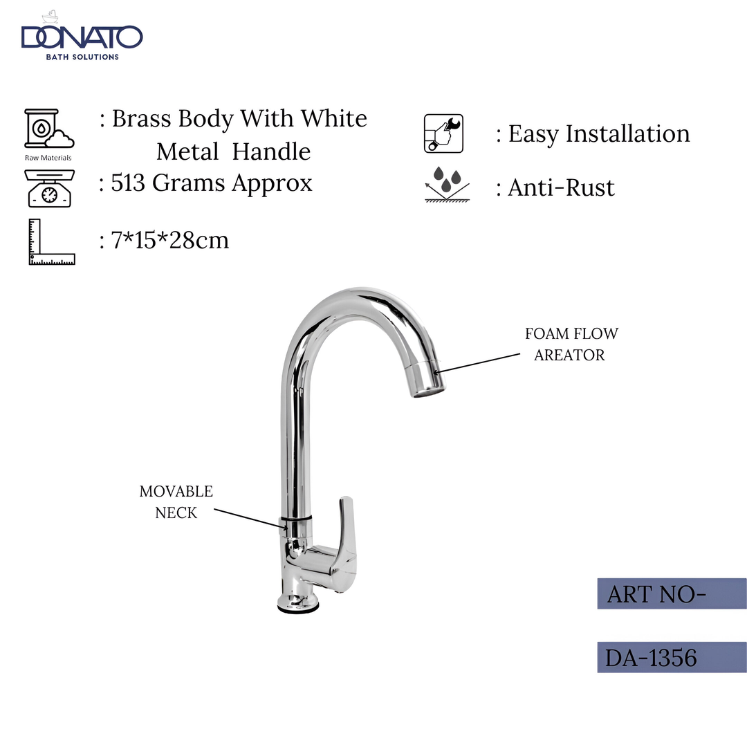 Durable swan neck faucet with a ceramic cartridge, dimensions 28 cm tall and 15 cm wide, weighing 513 grams