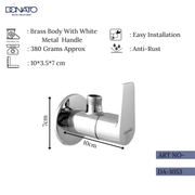 Brass angle valve with a chrome finish for plumbing applications. weight 380 grams and height 10 cm