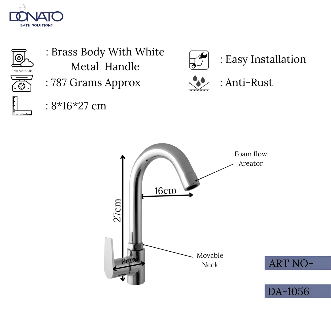 Contemporary swan neck tap featuring a 360-degree swivel spout, height of 27cm, width of 16cm, and a weight of 787 Grams.