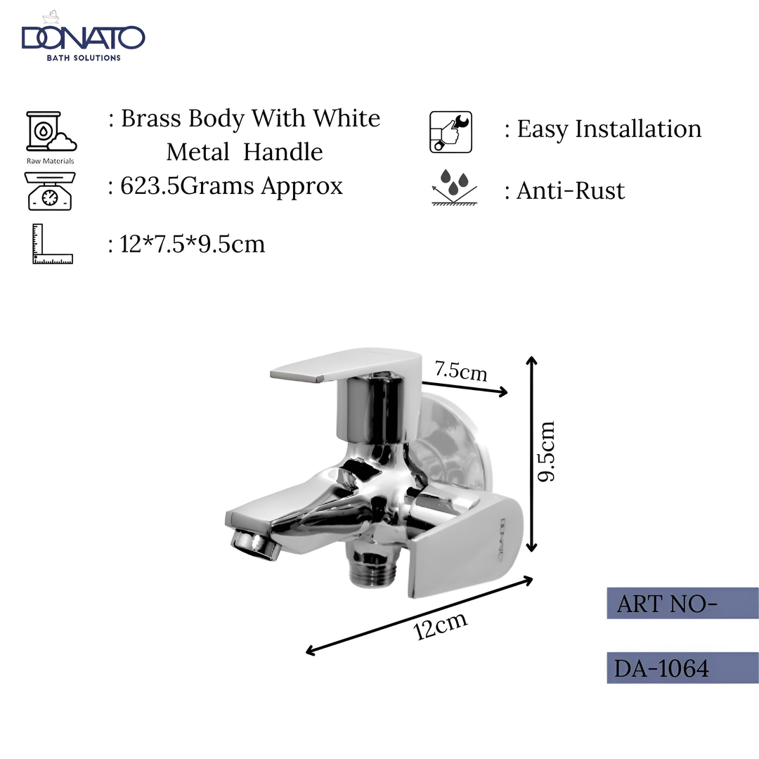 Durable two-way bib cock faucet in chrome finish, height of 9.5cm, weight 12 cm and weight is 623.5 grams