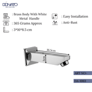 Simple plain spout faucet in polished chrome finish, ideal for minimalist bathroom and kitchen designs. with weight of 365 grams and weight of 16.5 cm.