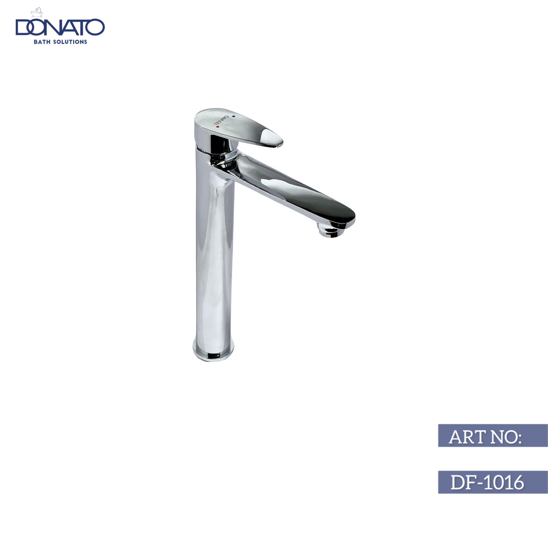 Elegant extended single lever basin mixer designed for easy temperature control in washbasins.