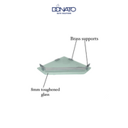 Modern glass corner shelf with chrome brackets in a contemporary living room