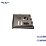 Contemporary stainless steel grating used for drainage in an outdoor patio