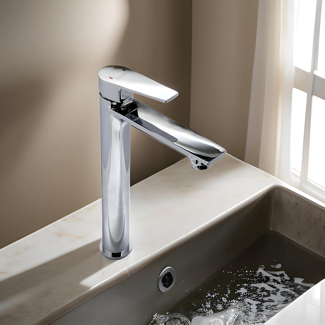 Sleek extended single lever basin mixer in polished chrome finish, perfect for modern bathroom sinks.