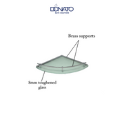 Stylish glass corner shelf unit displaying decorative plants and books