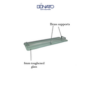 infor image of Elegant tempered glass shelf with chrome brackets in a contemporary bathroom