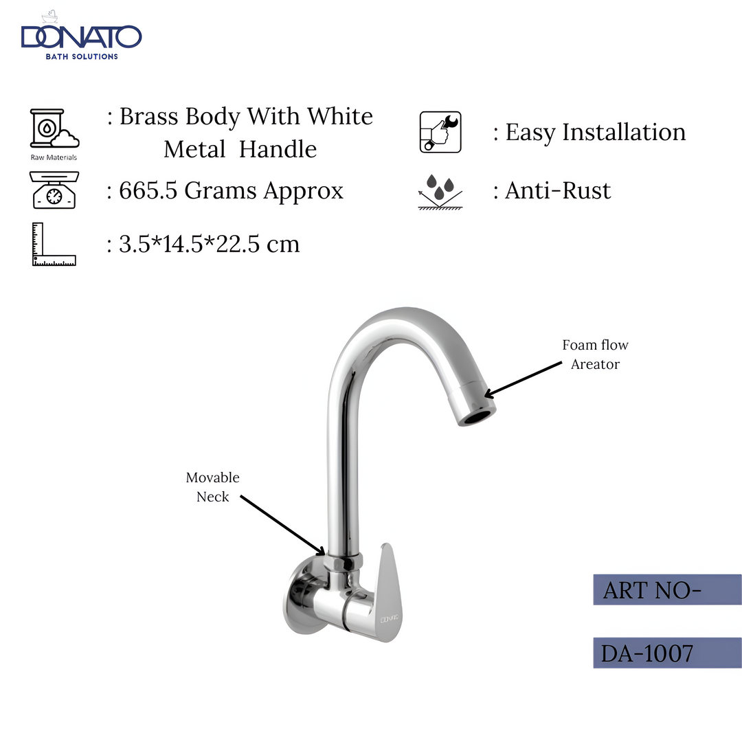 High-quality wall-mounted sink cock featuring a brass body and ceramic cartridge weight 665.5 grams, height 22.5 cm