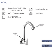 High-quality wall-mounted sink cock featuring a brass body and ceramic cartridge weight 665.5 grams, height 22.5 cm