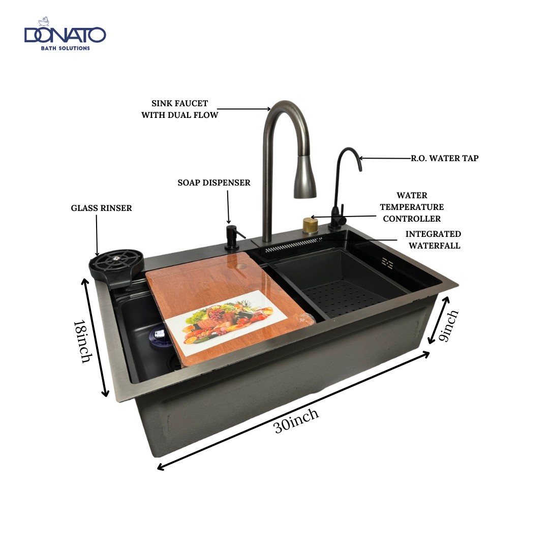 Modern waterfall kitchen sink with sleek design and stainless steel finish.